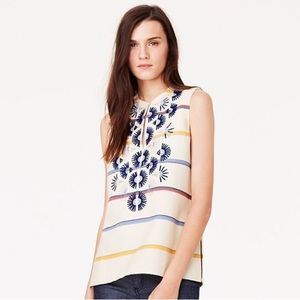 Tory Burch Avery Embroidered Floral Linen Blend Sleeveless Striped Tunic Top
